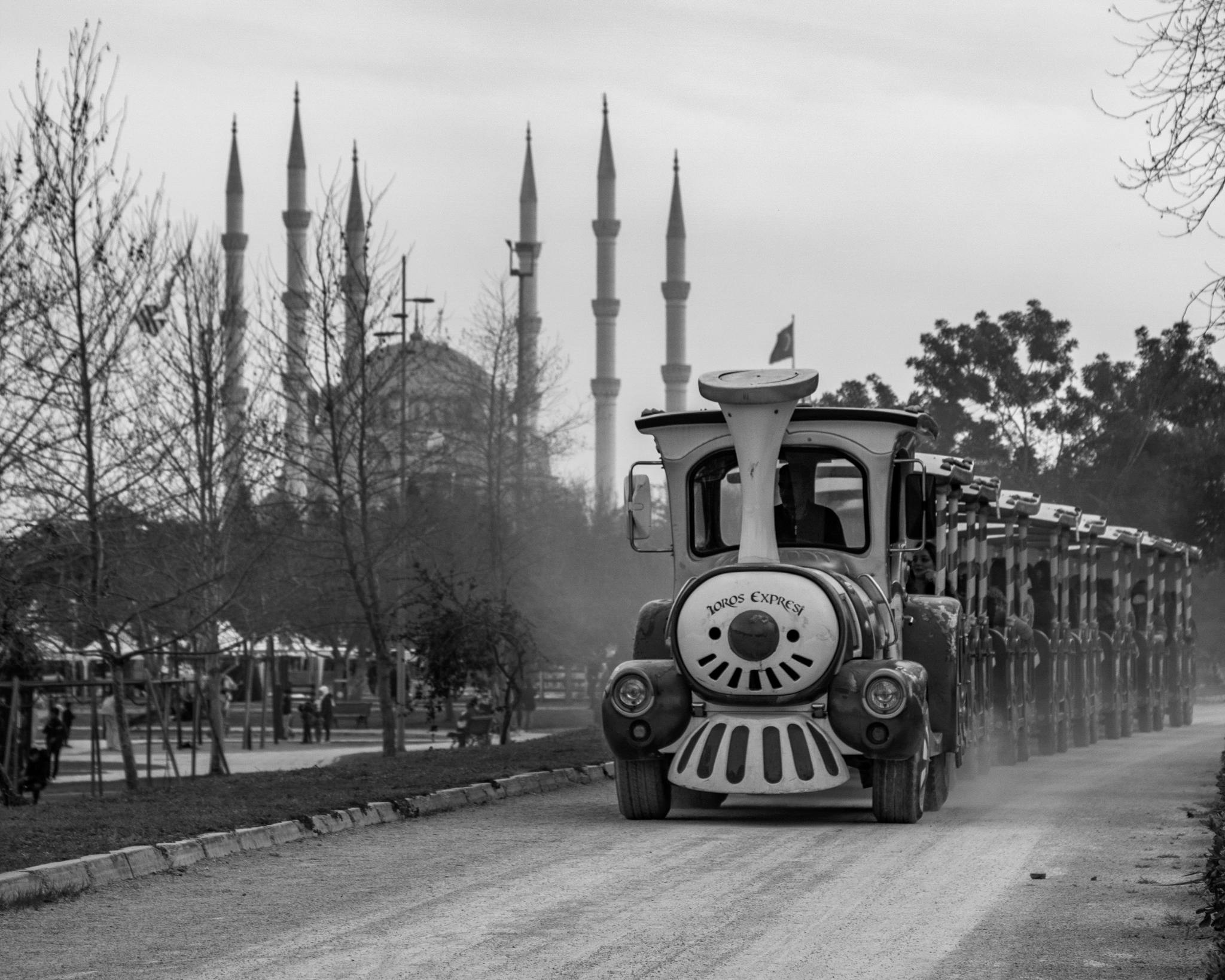 Black and white photo of a vintage train on a dirt road with a mosque in the background.